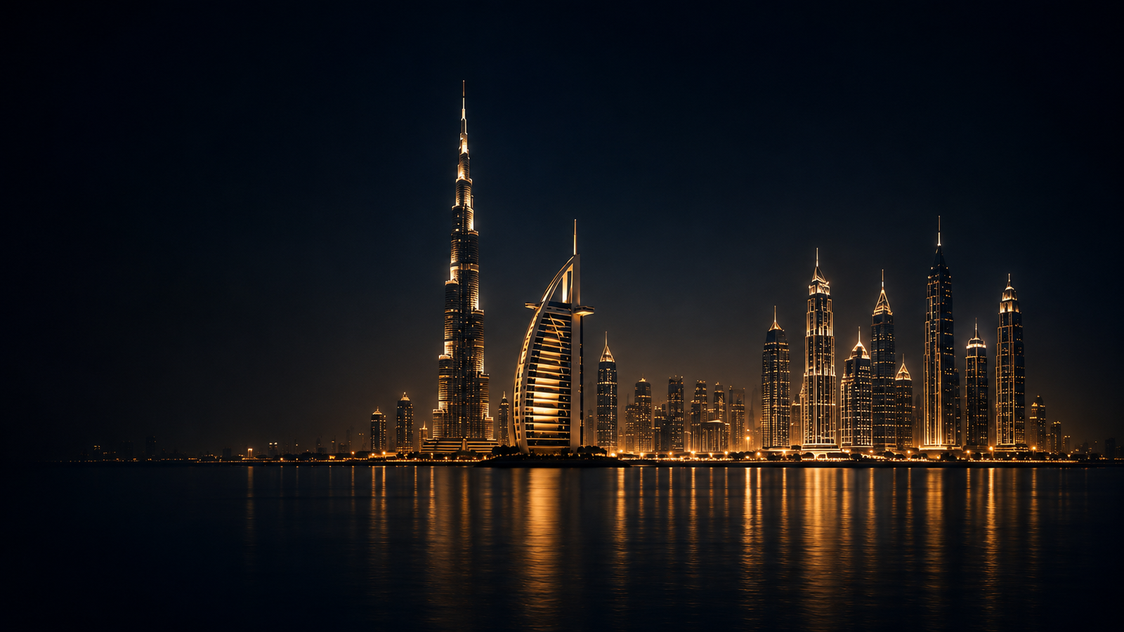 Dubai skyline at night, Burj Khalifa and Burj Al Arab lit gold above the water